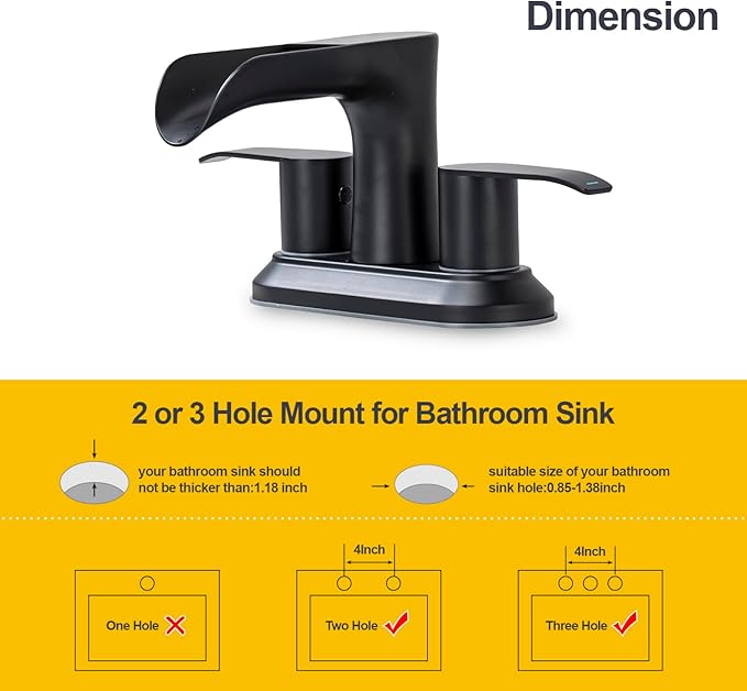 4 Inch Waterfall Bathroom Sink Faucet Centerest Bathroom Faucet Dual Handle Vanity Faucets 2 Hole or 3 Hole Waterfall Basin Mixer Tap with Pop Up Drain, Matte Black