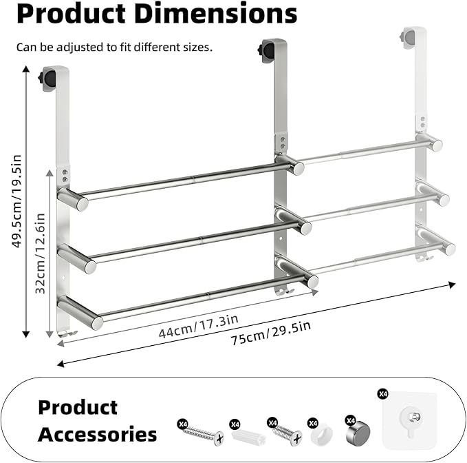 17-29inches Retractable Length Over The Door Towel Rack, 304 Stainless Steel Over The Door Towel Rack, Over Door Towel Holder with 3 Tier Towel Bars, Over Door Towel Storage for Bathroom