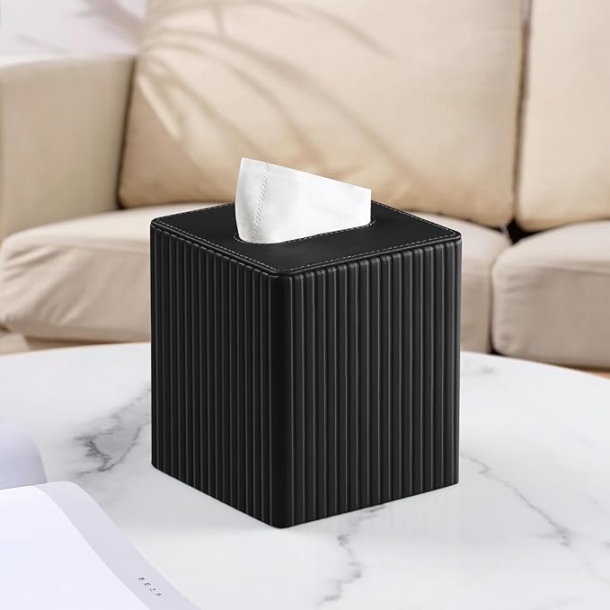 PU Leather Tissue Box Cover Square Tissue Box Holder with Magnetic Closure (Black Stripe)