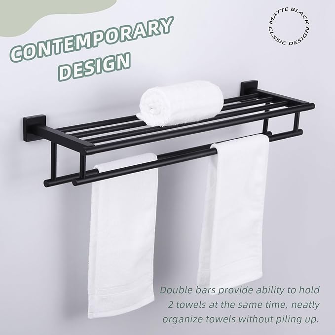 Bath Towel Shelf with 2 Towel Holders, Angle Simple Stainless Steel Bathroom Towel Rack with Towel Bars, Wall Mount Train Rack Matte Black 27.56 Inches