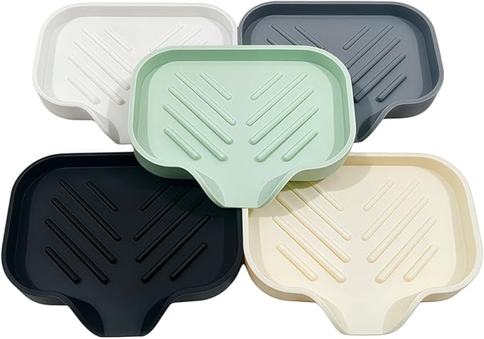 5 Pcs Silicone Soap Dish with Self Draining Soap Dish Bar Soap Holder Natural Waterfall Drain Soap Saver Tray for Shower Bathroom Kitchen (Black, White, Grey, Green, Beige)