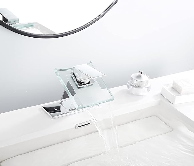 Waterfall Bathroom Faucet Glass Spout Modern Design One Handle Single Hole Basin Vanity Bathroom Sink Faucet Chrome Solid Brass Lavatory Bath Tap Commercial