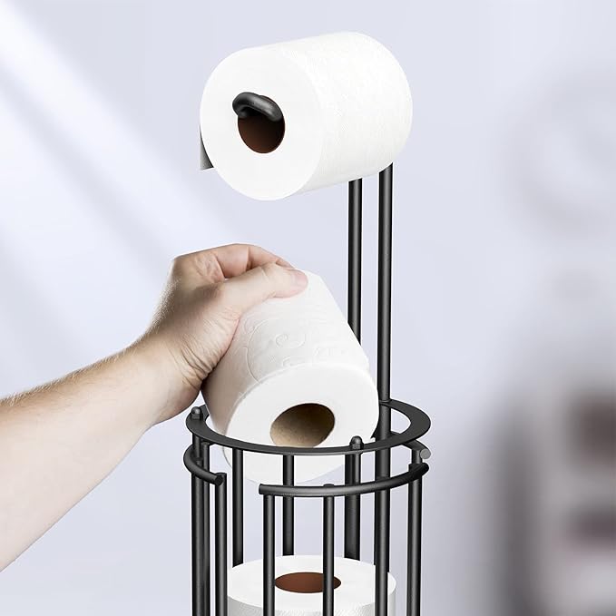 Meangood Toilet Paper Holder Stand and Tissue Paper Roll Dispenser for 4 Mega Rolls, Bathroom Free Standing Tissue Roll Storage Holder Rack,Detachable (Black)