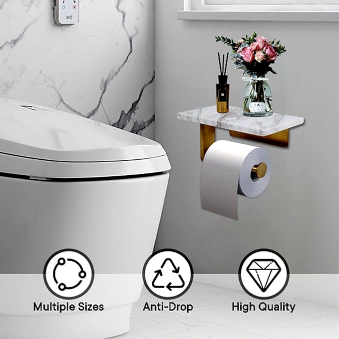 Toilet Paper Holder with Natural Marble Shelf for Bathroom Washroom,Wall Mounted Tissue Holder Suitable for Mega Roll (Brushed Gold, Middle 7.87 * 4.72 in)