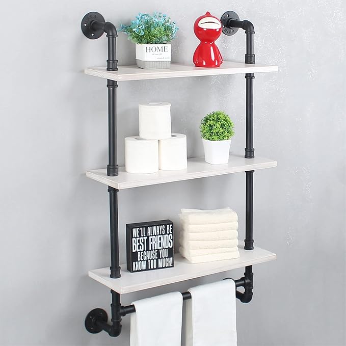 MBQQ Iron Pipe Shelves Industrial Bathroom Shelves with Towel bar,24in Rustic Metal Pipe Floating Shelves Pipe Wall Shelf,3 Tier Industrial Shelf Wall Mounted,Black & White
