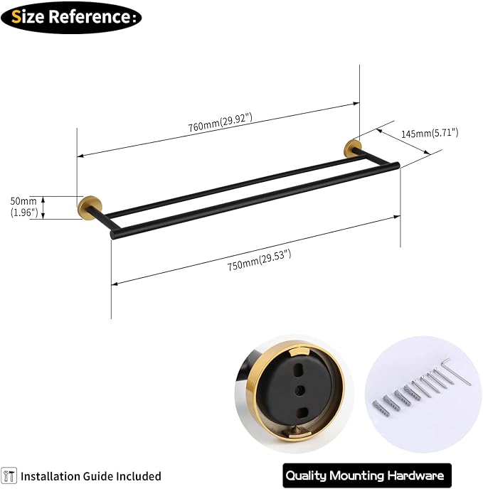 GERZWY Bath Double Towel Bar 30-Inch Stainless Steel Bathroom Towel Rail Wall Mounted Hand Towel Holder Black & Gold