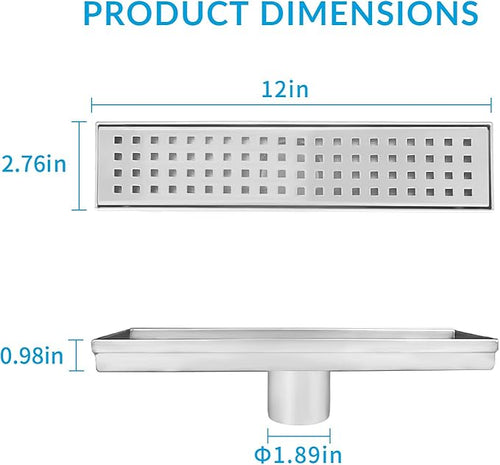 12 Inch Removable Cover Linear Shower Drain 304 Stainless Steel Rectangular Floor Drain for Kitchen Bathroom Square Hole Pattern Drain with Accessories Hair Strainer Adjustable Leveling Feet (Silver)