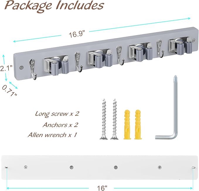 Gray Mop Broom Holder Wall Mount with 4 Slots & 4 Hooks - Wood Broom Mop Hanger for Pantry Closet Laundry Room Organization - Heavy Duty Garden Tool Organizer