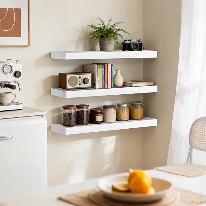 Floating Wall Shelves 24x6.8x1.7 Inch – Solid Wood Rustic Shelves in White Finish – Wall Mounted Display Shelf for Bathroom, Kitchen, Bedroom – Set of 3