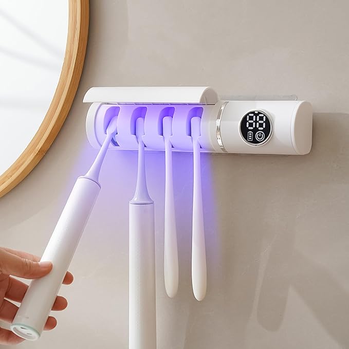 Toothbrush Holders for Bathroom, Smart Automatic Cleaning and Recirculating Air Dry, LED Display, Rechargeable Wall Mounted Toothbrush Holder, Creative Fashion Bathroom Accessories (White)