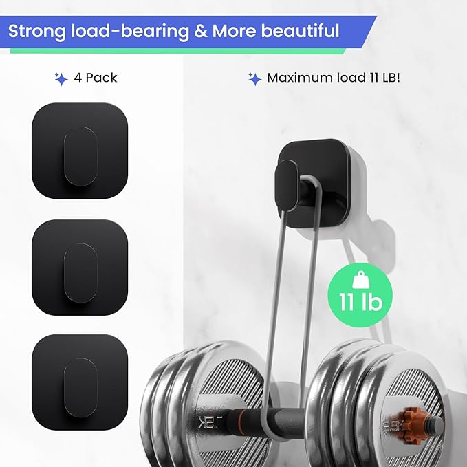 Self Adhesive Hooks - 4 Pack Heavy Duty Wall Hooks no Damage, Sticky Hook for Hanging Coat/Robe/Towel, Stick on Kitchen/Bathroom/Shower (Matte Black, Stainless Steel)
