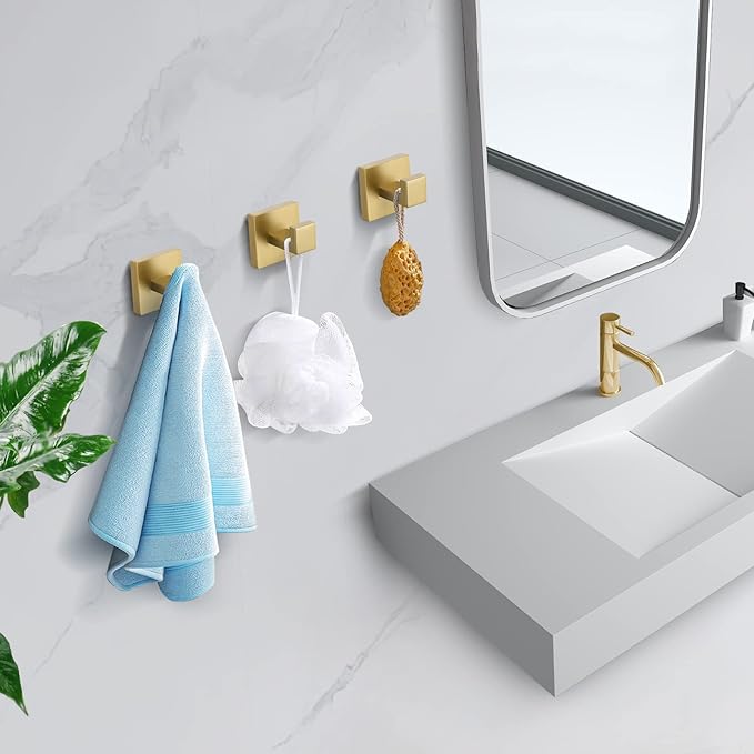 TQKAG Bathroom Towel Hook Coat Brushed Gold Robe Clothes Bath Wall Hooks for Kitchen Garage,Stainless Steel Wall Mounted