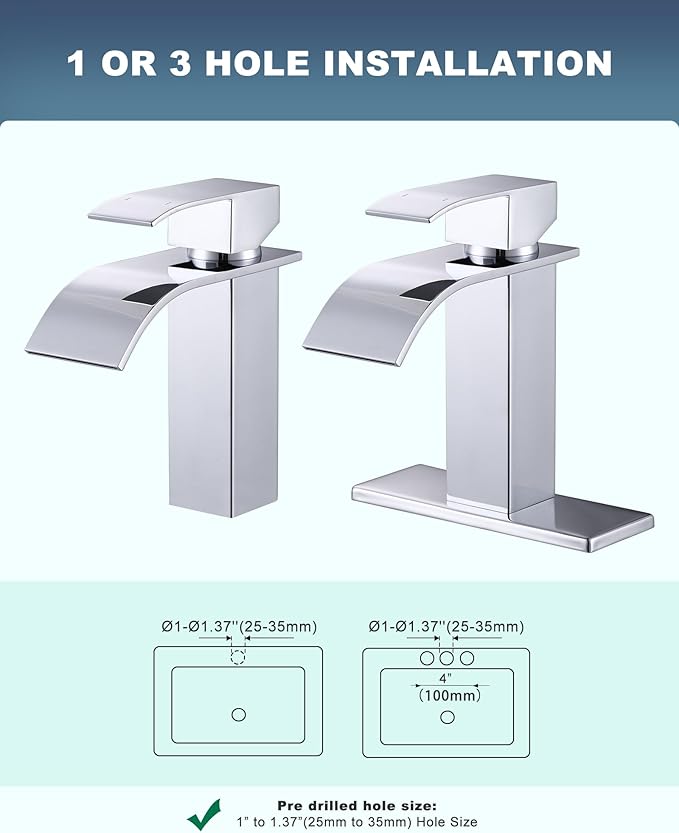 ARCORA Waterfall Bathroom Faucet Chrome: Modern Single Handle Bathroom Faucet for 1 or 3 Hole - Bathroom Sink Faucet with Pop Up Drain and Supply Lines