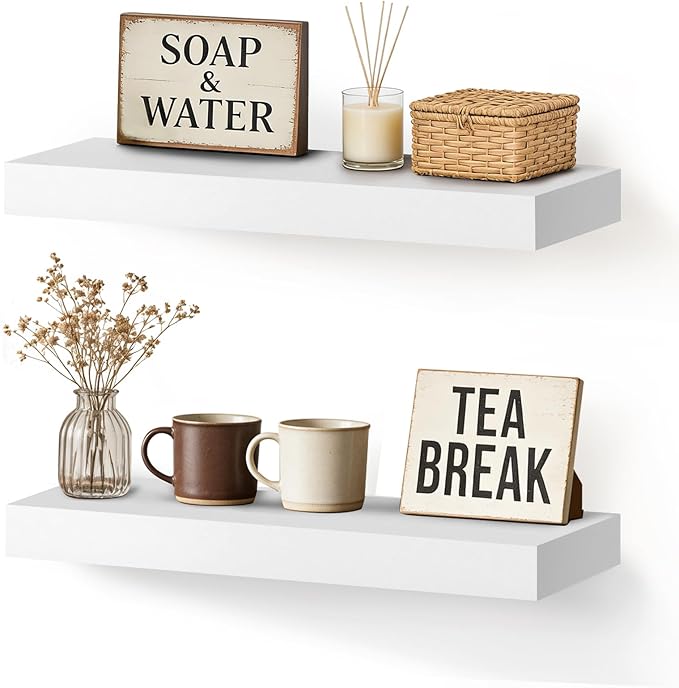 Floating Wall Shelf 16x6.8x1.7 Inch – Solid Wood Shelf in White Finish – Wall Mounted Rustic Display Organizer for Bathroom, Kitchen, Bedroom, Small Spaces – Set of 2