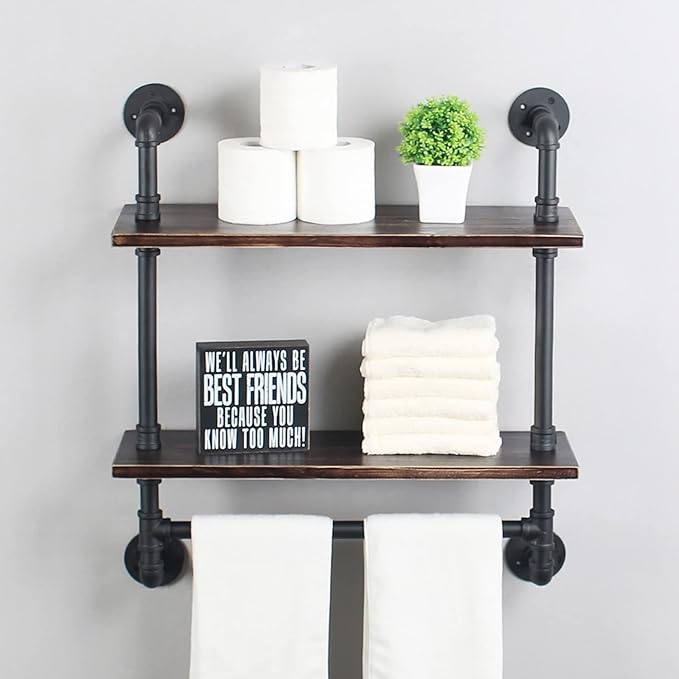 MBQQ Pipe Shelving,Iron Pipe Shelves Industrial Bathroom Shelves with Towel bar,24in Rustic Metal Pipe Floating Shelves Pipe Wall Shelf,2 Tier Industrial Shelf Wall Mounted,Retro Black