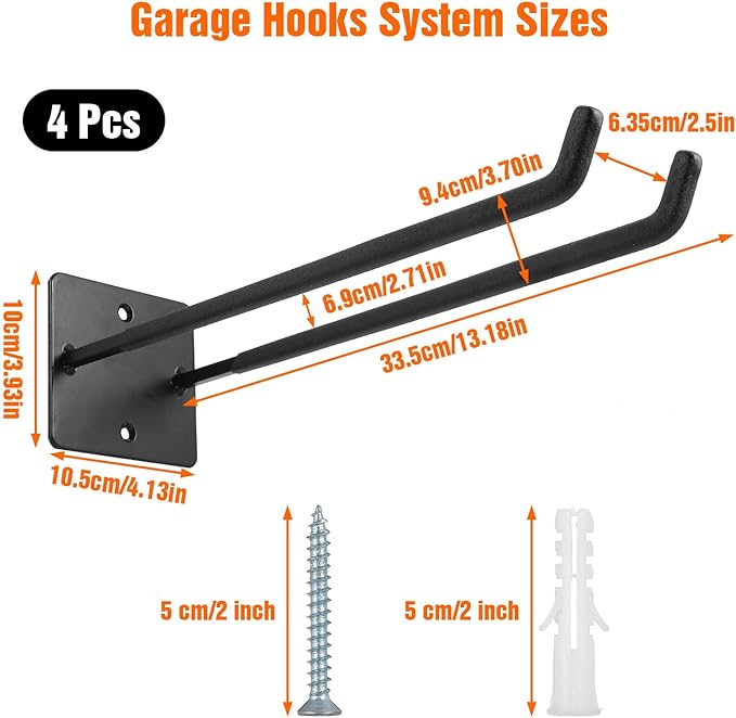 14 Inches Extra Large Garage Hooks, 4 Pack Heavy Duty Tool Organizer Wall Mount Hangers, Long Utility Storage Hooks for Car Tires, Chairs, Ladders, Ropes, Garden Tools, Power Tools