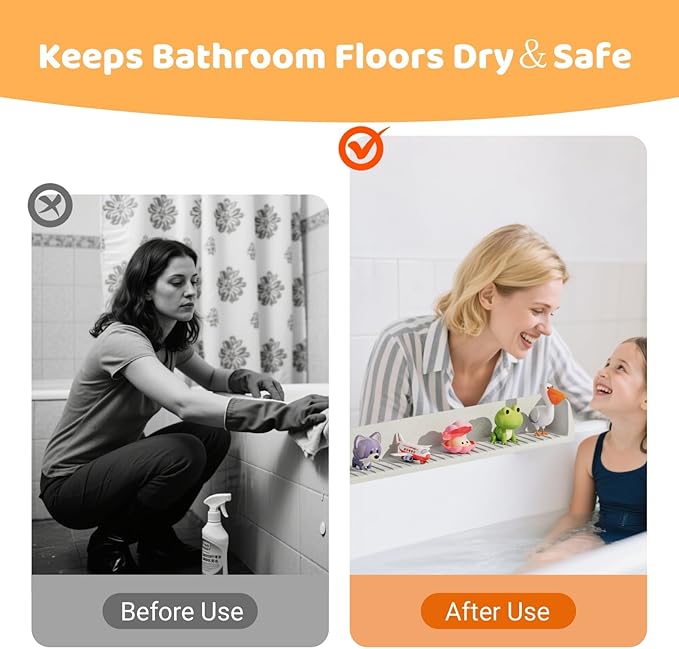 Bathtub Splash Guard for Kids - 2.6 Ft Length with Toy Tray & 11 Strong Suction Cups, Silicone Splash Guard for Easy Clean & Fold,Universal for Tubs,Bathroom & Kitchen Sinks