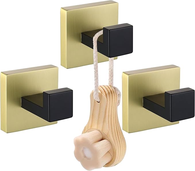 LANC 3-Pack Towel Hooks for Bathroom Wall Hooks, Black and Gold Robe Hooks, Square Robe Hook,Coat Hooks for Bathroom Kitchen Heavy Duty Hand Towel Hanger, SUS304 Stainless Steel,A8805GK-P3