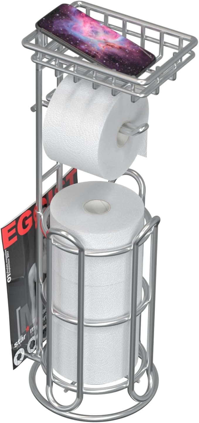 Mega Roll Toilet Paper Holder Stainless Steel Bathroom Tissue Holder Stand TP Dispenser with Phone/Wipe Shelf & Magazine Rack Free Standing-Chrome