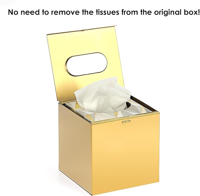 Sumnacon Tissue Box Cover Square Stainless Steel Tissue Box,Wall Mount Tissue Box Holder with Srews,Stylish Tissue Holder for Bathroom Toilet Bedroom Living Room Kitchen Table Desk Office, Gold