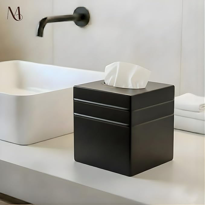 Monarch Abode Tissue Box Cover Square – Handcrafted Border Embossed Black Metal Tissue Holder Box for Bathroom Accessory, Aesthetic Decorative Facial Napkin Cube for Modern Home Decor