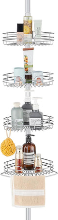 WPT Grey Shower Caddy Tension Pole for Bathroom, Stainless Steel Corner Shower Caddy Organizer Stand for Bathtub Shampoo Storage, 4 Tier Adjustable Shelves, 28.7 to 104.7 Inches