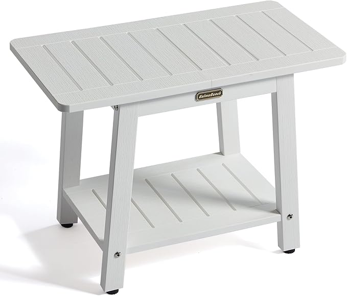 Shower Bench for Inside Shower, HDPS Shower Stool for Shaving Legs, Waterproof White Poly Bathroom Chair Seat, 2 Tier Foot Rest with Shelf & Adjustable Feet, Non-Slip