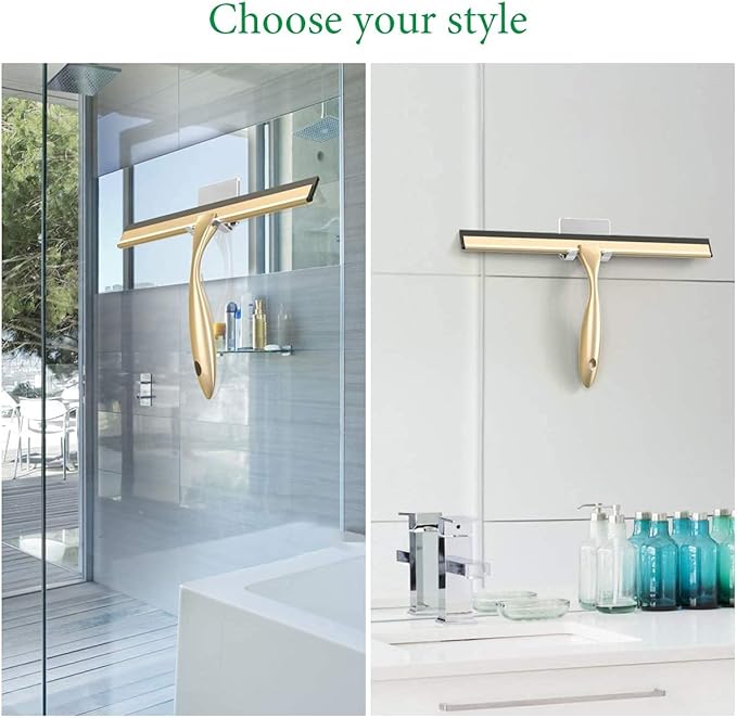 OPERNEE Shower Squeegee with Self Adhesive Hook, 12 Inches Stainless Steel Squeegee Cleaner, All-Purpose Window Scraper for Bathroom Doors, Mirror, Windows and Car Glass, Brushed Gold