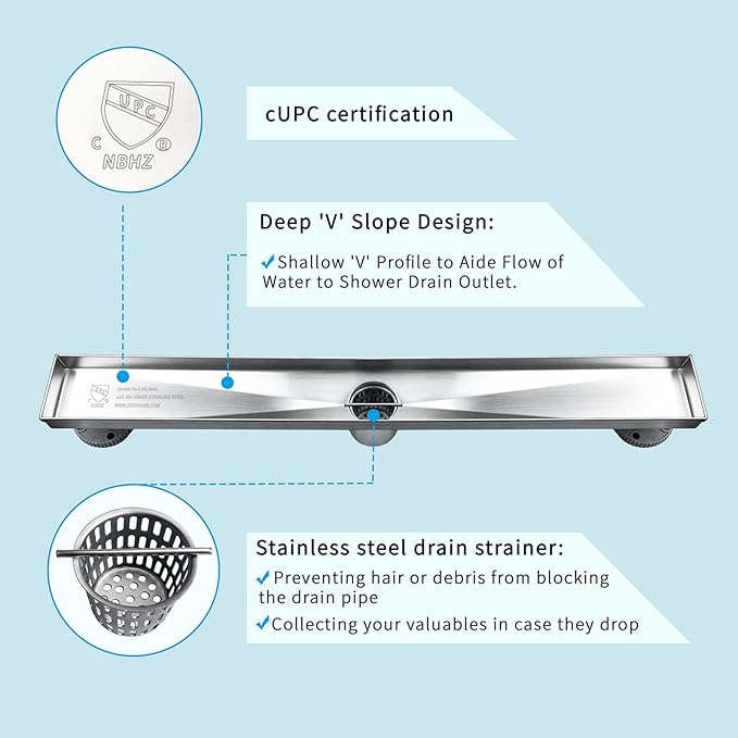 Neodrain 42-Inch Linear Shower Drain with Tile Insert Grate,Brushed 304 Stainless Steel Rectangle Shower Floor Drain, Linear Drain with Leveling Feet, Hair Strainer