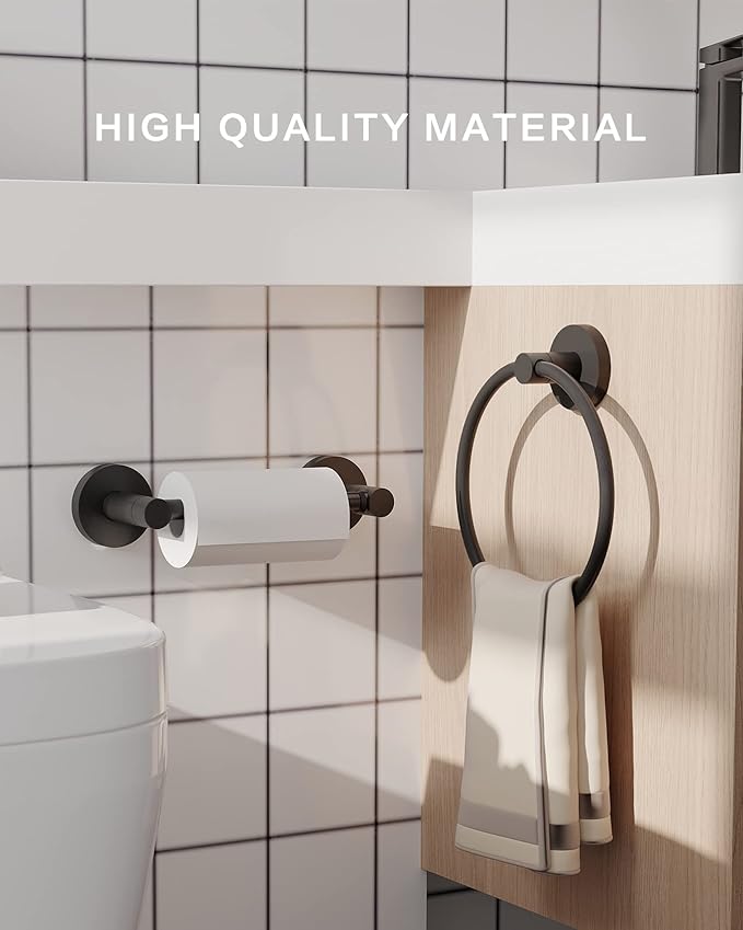 Bathroom Hardware Set 2 Piece-Black Towel Ring and Toilet Paper Holder Stainless Steel and Zinc Alloy Bathroom Hand Towel Holder Towel Hanger Matte Black Wall Mounted (Update)