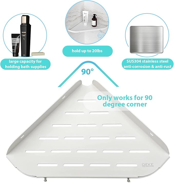 Corner Shower Shelf, 9" Corner Shower Caddy, SUS304 Stainless Steel Shower Organizer Wall Mount Corner Shelf with 2 Hooks for Bathroom, Dorm and Kitchen, Matte White (2 Pack)