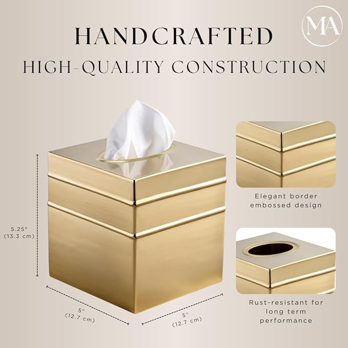 Monarch Abode Tissue Box Cover Square – Handcrafted Border Embossed Brushed Gold Metal Tissue Holder Box for Bathroom Accessory, Aesthetic Decorative Facial Napkin Cube for Modern Home Decor