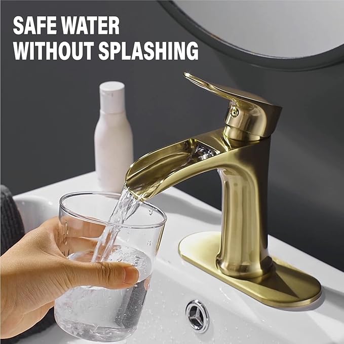 Yundoom Brushed Gold Bathroom Faucet - Single Hole Or 3 Hole, Farmhouse Rv Brass, Waterfall Design, 4 Inch Deck Plate