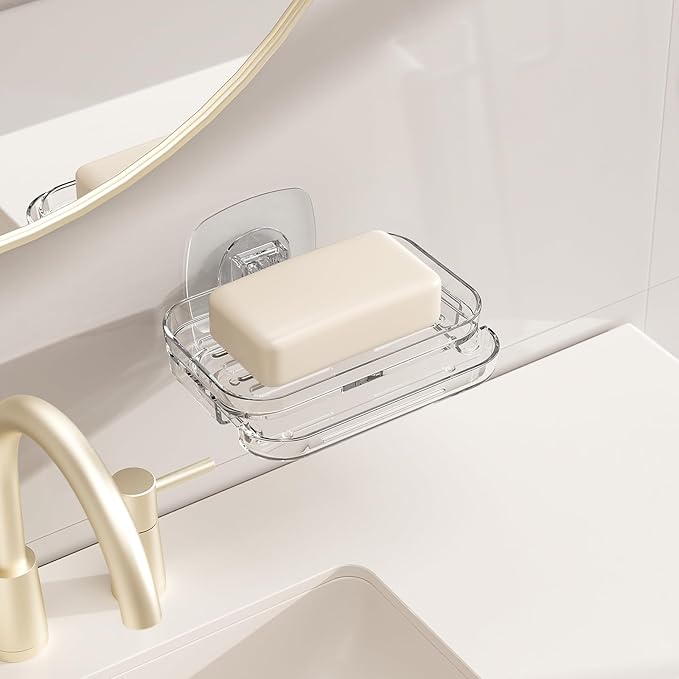 Soap Dish for Shower Clear Acrylic Bar Soap Holder with Self-Draining Design - No Drilling Required Strong Adhesive Mount for RV Bathroom and Kitchen Easy to Clean and Space-Saving (Adhesive)