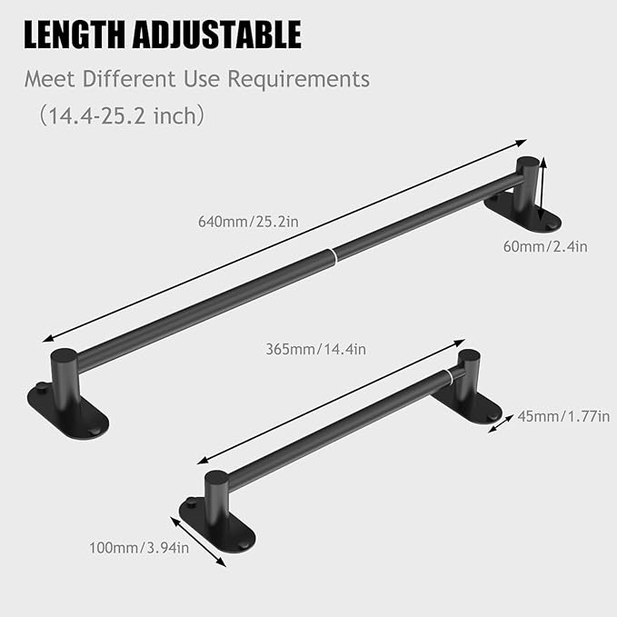 Towel Bar, Adjustable 14.4inch - 25.2inch Towel Rack, Self Adhesive & Wall Mounted for Bathroom Kitchen Hand Towel Holder Cloths Hanger SUS 304 Stainless Steel Single Bar (4, Matte Black)