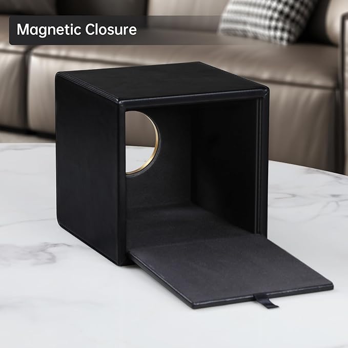 Square Tissue Box Cover, Luxury PU Leather Tissue Holder with Magnetic Closure (Black)