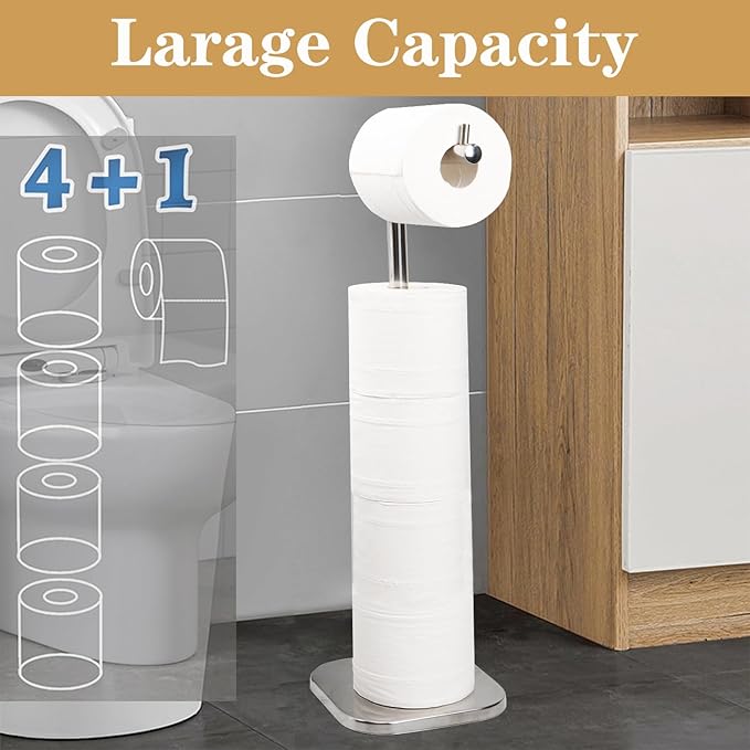 Toilet Paper Holder Stand, Free Standing Tissue Paper Storage for Bathroom, Stainless Steel Toilet Paper Stand with Reserve for 5Roll Weighted Base Bathroom Toilet Roll Holder(Brushed Nickel)