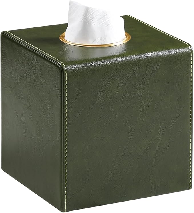 Square Tissue Box Cover, Luxury PU Leather Tissue Holder with Magnetic Closure (Dark Green)