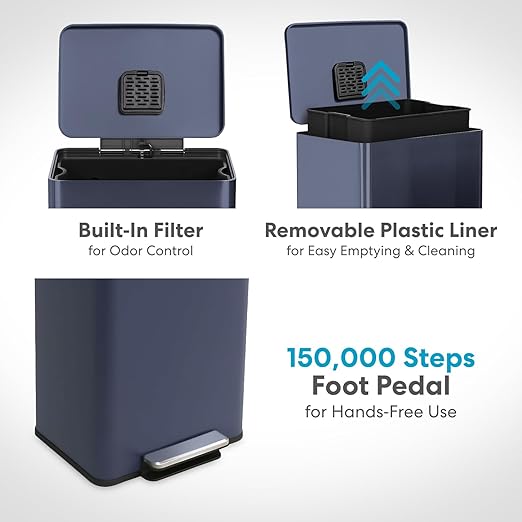 50 Liter / 13.2 Gallon Soft-Close, Smudge Resistant Trash Can with Foot Pedal and Built in Filter- Blue