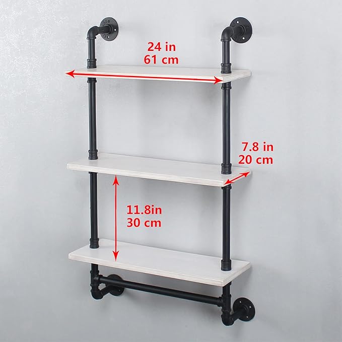 MBQQ Iron Pipe Shelves Industrial Bathroom Shelves with Towel bar,24in Rustic Metal Pipe Floating Shelves Pipe Wall Shelf,3 Tier Industrial Shelf Wall Mounted,Black & White