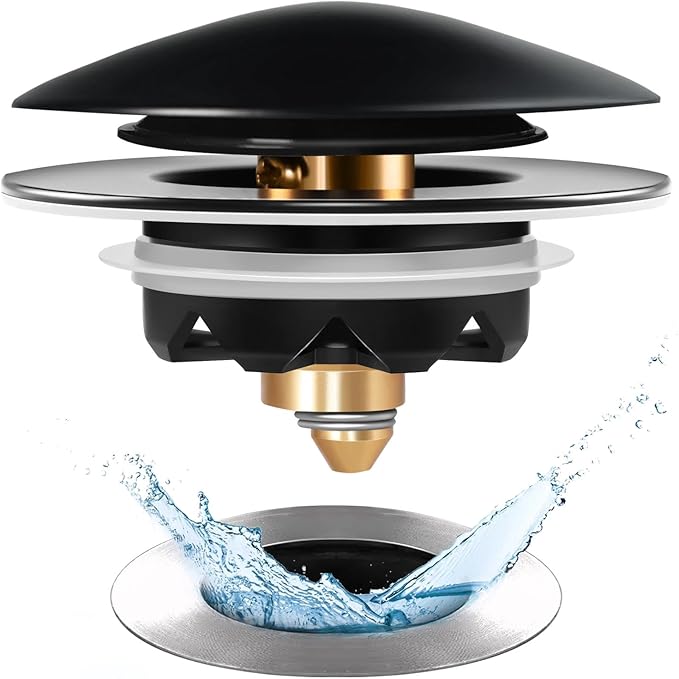 Bathtub Drain Stopper, Pop Up Tub Stopper and Cover, Bottom with Hair Catcher, Universal for 1.45 to 1.8in Drain, Replaces Old Drain Plug, Matte Black