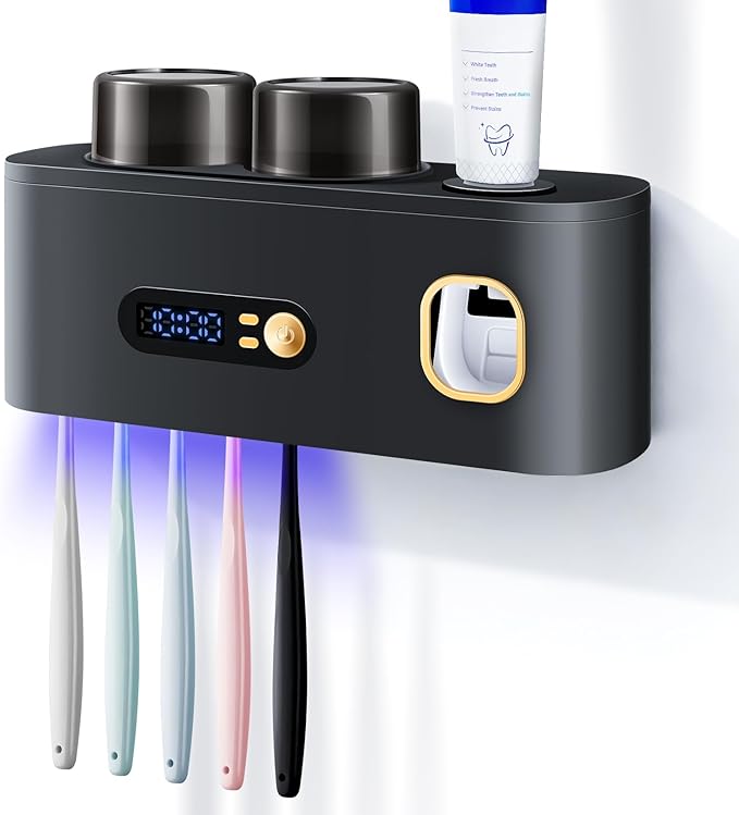 Toothbrush Holders Cleaner & Dryer for Bathroom,LXIANGN Smart Wall Mounted Toothbrush Holders with Countdown LED Screen,5 Toothbrush Slots,2 Cups and Toothpaste Dispenser (Grey)