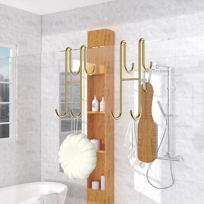 Over Shower Glass Door Hook, 2 Pack Gold Stainless Steel Extended Shower Door Hooks, Bathroom Frameless Drilling-Free Hanger, Double Side Towel Hooks