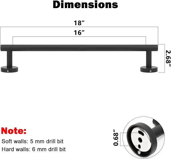 NearMoon Bath Towel Bar, Thicken Stainless Steel Shower Towel Rack Holder Wall Mounted for Bathroom, 18-lnch Overall Length-16-lnch Usable Hanging Space (2 Pack, Matte Black)