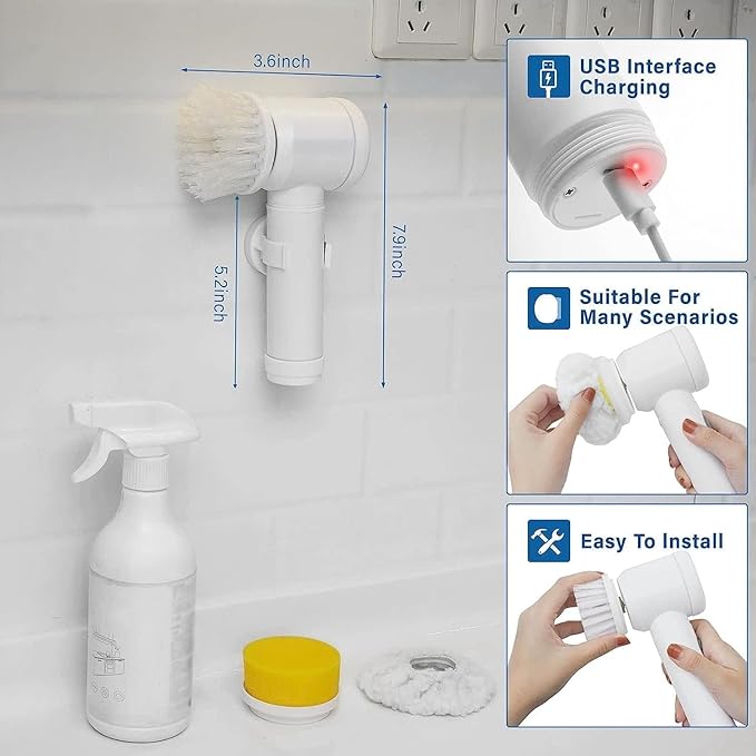 Multi-Functional Electric Cleaning Brush 5 in 1 Magic Power Scrubber Household Cleaning Tools Spin Scrubber with Buffer Polisher, for Bathroom, Shower, Tub, Kitchen Floor, Standard