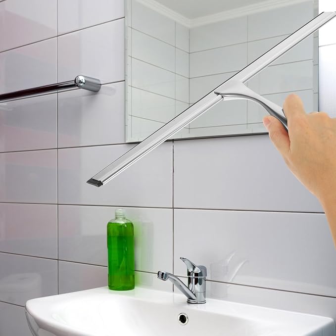 Stainless Steel Glass Squeegee with Adhesive Hook 14-inch Shower and Window Cleaning Tool for Bathroom, Car, Tile, and Glass Door Maintenance