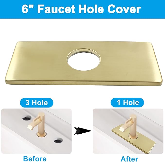 Biaungdo 6" Hole Cover Deck Plate, Brushed Gold Escutcheon Plate Stainless Steel Bathroom Faucet Plate Rectangle Faucet Cover Plate for 1 or 3 Hole Bathroom Vanity Sink Faucet