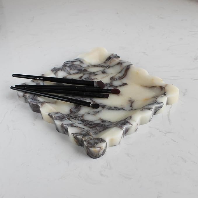 Natural Luxury Marble Tray with Scalloped Edge, Handmade Square Decorative Tray, Catch All Tray for Counter, Dresser, Nightstand and Home Décor (Calacatta Viola)