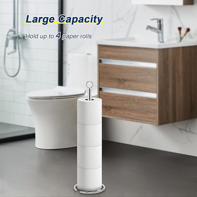 NearMoon Bath Toilet Paper Holder Stand, Freestanding Tissue Paper Storage with Reserve, Space Toilet 4 Rolls Holder for Bathroom/Kitchen Countertop-All Metal (1 Pack, Chrome Finish)