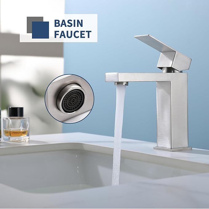 Brushed Nickel Bathroom Sink Faucets One Hole Sink Faucet Single Handle 1 Hole Vanity SUS304 Stainless Steel Faucet for Bathroom Sink Bathroom Faucets, SF3-BN